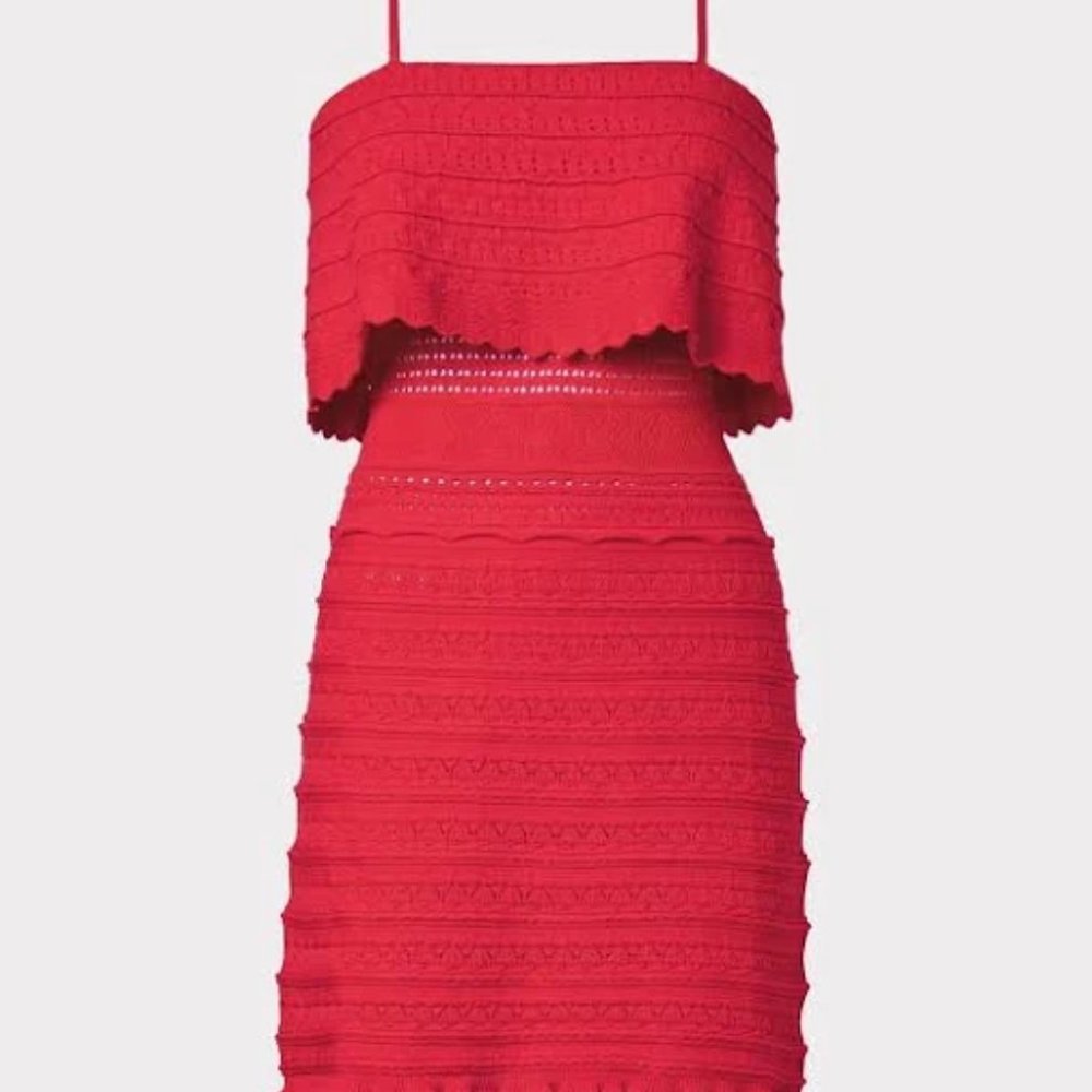 Milly : Ruffle Yoke Pointelle Sweater Knit Mini Dress : Coral : Small